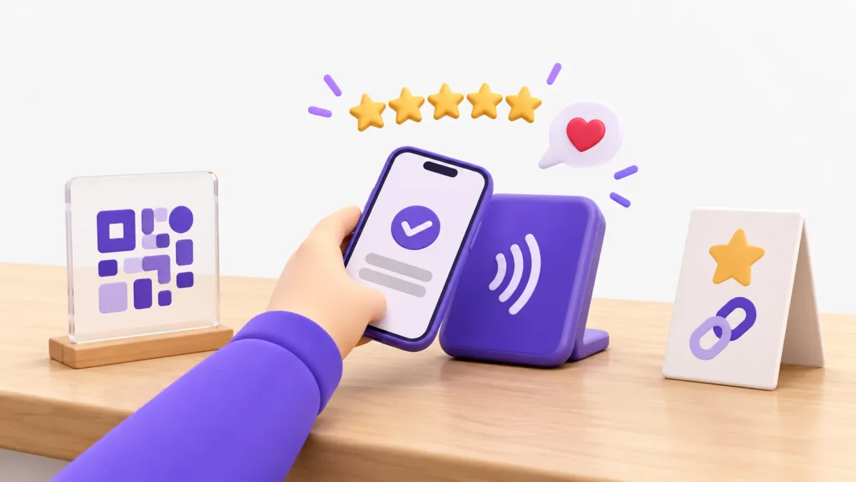 Conseguir reseñas en Google: QR, tarjeta NFC y cartel de mesa con un móvil del que salen estrellas