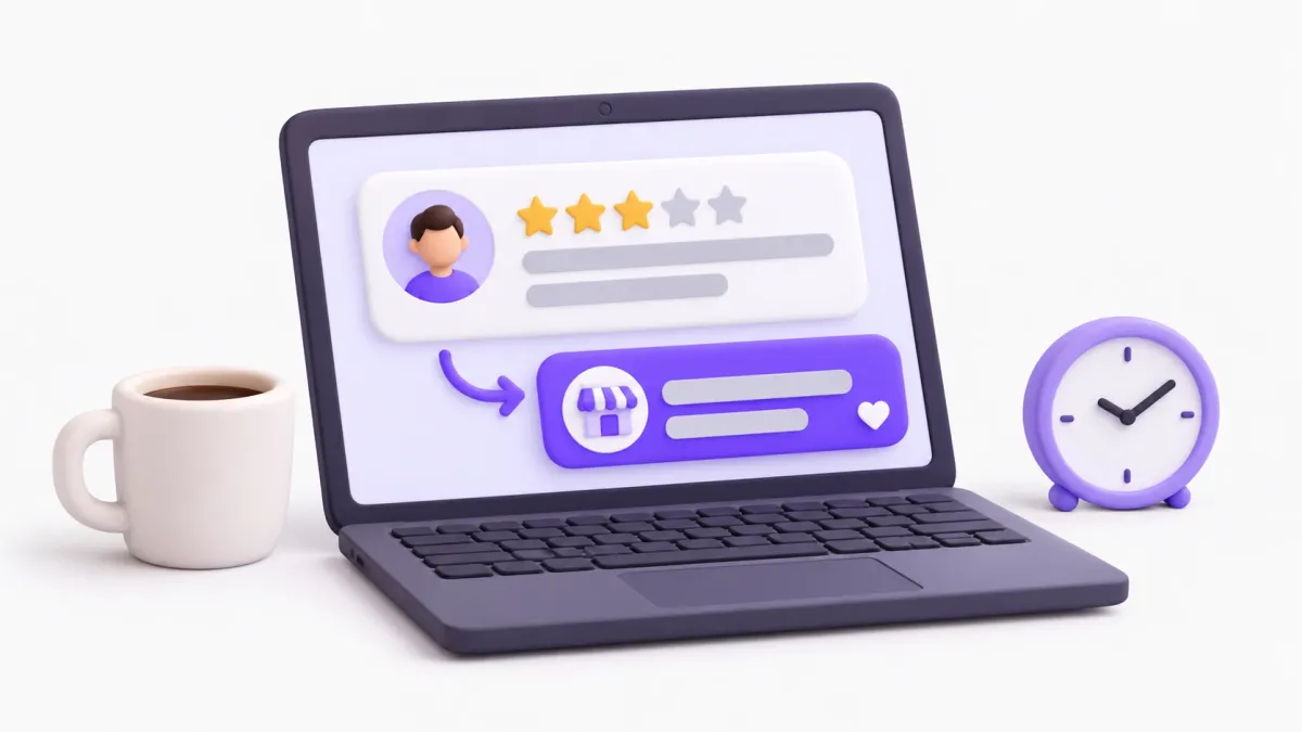 Responder reseñas de Google: portátil con la reseña de un cliente y la respuesta del negocio